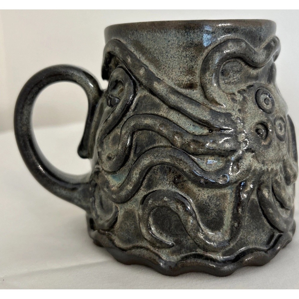 Studio Art Pottery Octopus Kraken Mug Coffee Cup Sea Creature Beach Decor Green